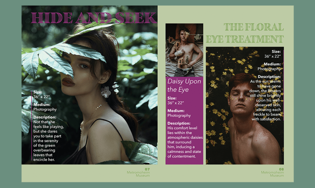 Magazine layout, green background and people with flowers.