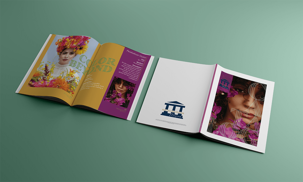 Magazine spread out on green background.